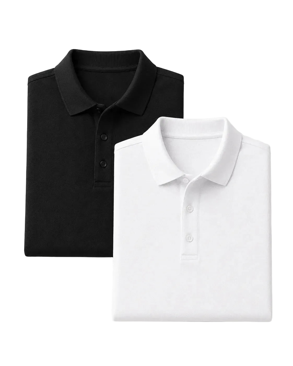 Kit com duas camisas polo masculinas PimaSenso dobradas sobre fundo claro. A polo preta aparece atrás, à esquerda, e a branca à frente, à direita. Ambas têm gola estruturada e fechamento frontal com três botões.