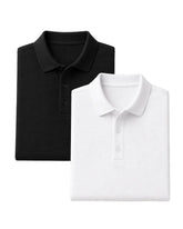 Kit com duas camisas polo masculinas PimaSenso dobradas sobre fundo claro. A polo preta aparece atrás, à esquerda, e a branca à frente, à direita. Ambas têm gola estruturada e fechamento frontal com três botões.