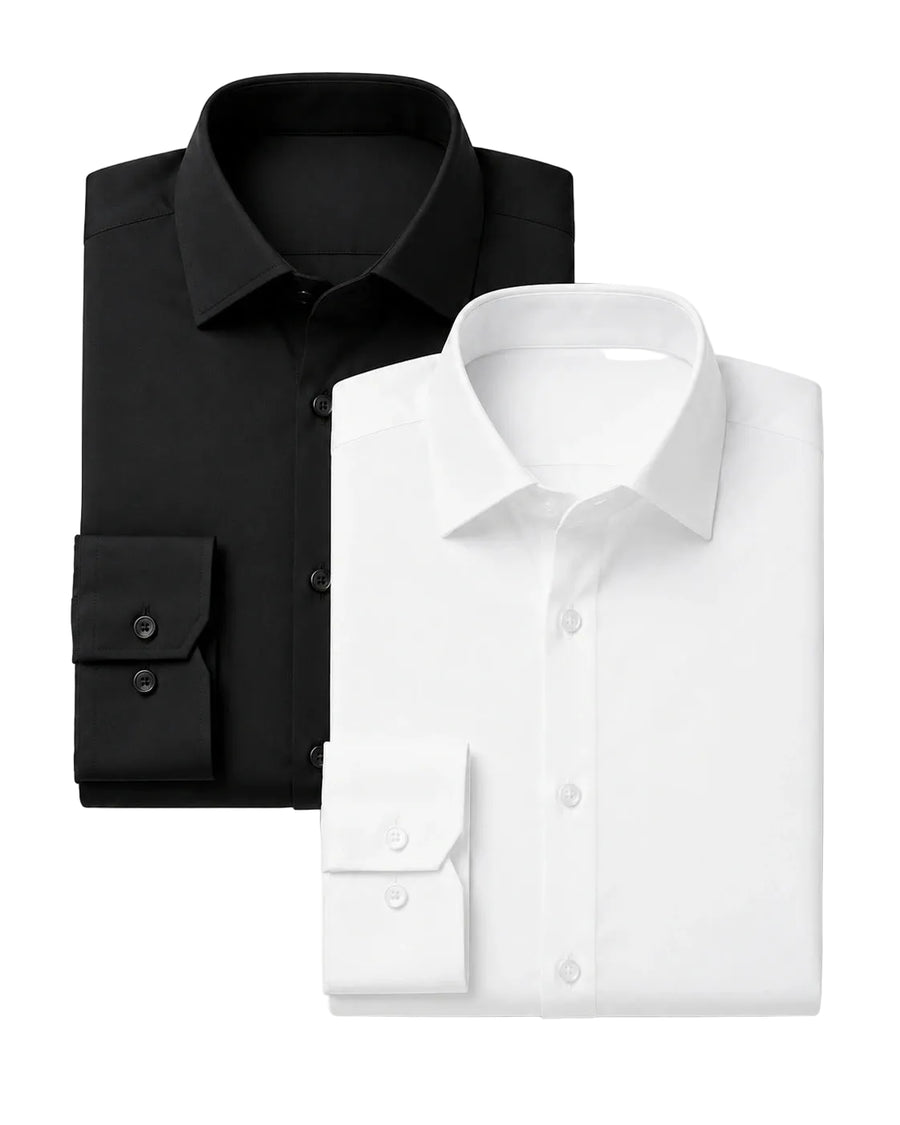 Kit com duas camisas sociais masculinas TechMatteo dobradas sobre fundo branco. A camisa preta está posicionada atrás, à esquerda, e a camisa branca aparece à frente, à direita. Ambas têm manga longa, gola estruturada, botões no mesmo tom e punhos visíveis.