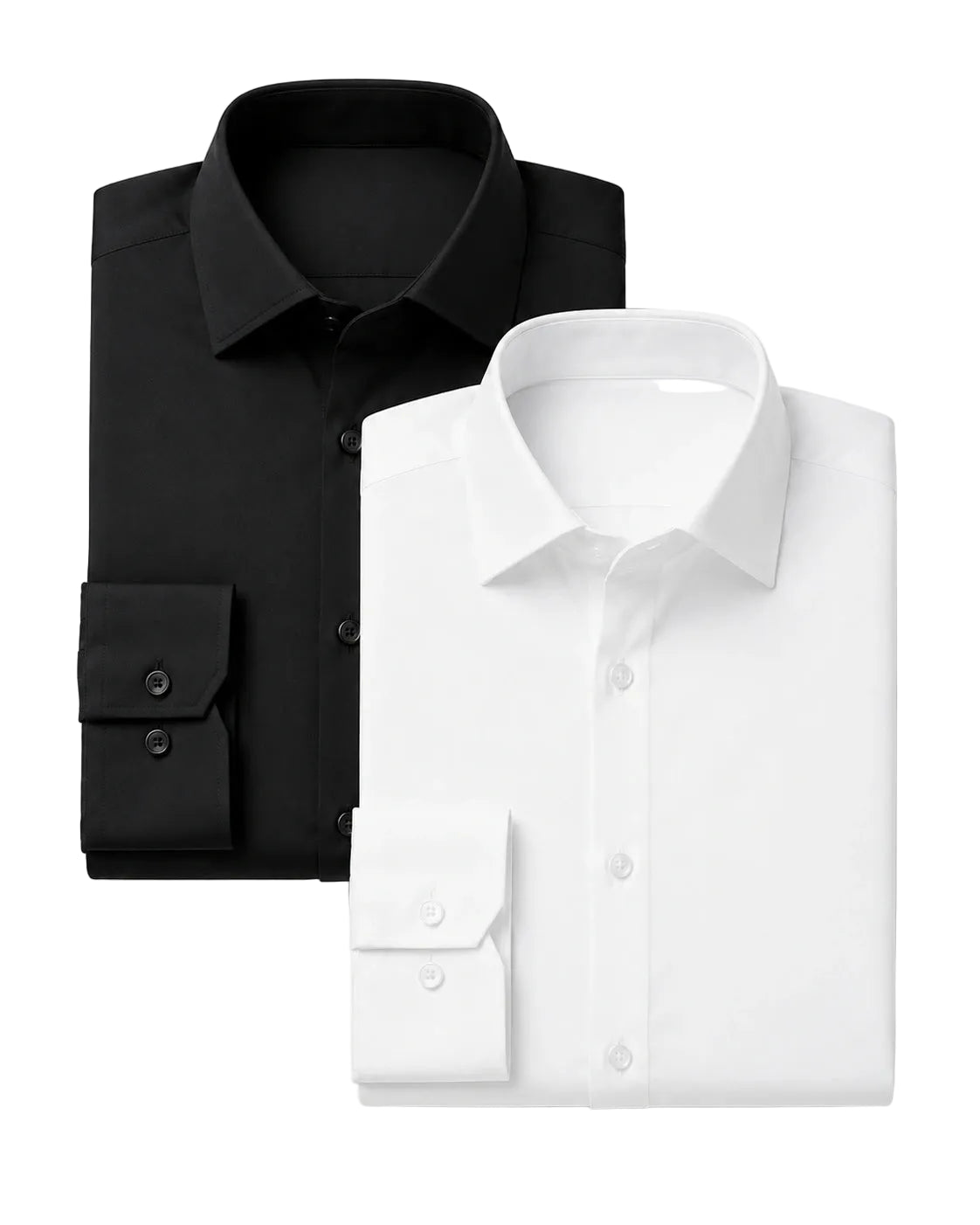 Kit com duas camisas sociais masculinas TechMatteo dobradas sobre fundo branco. A camisa preta está posicionada atrás, à esquerda, e a camisa branca aparece à frente, à direita. Ambas têm manga longa, gola estruturada, botões no mesmo tom e punhos visíveis.