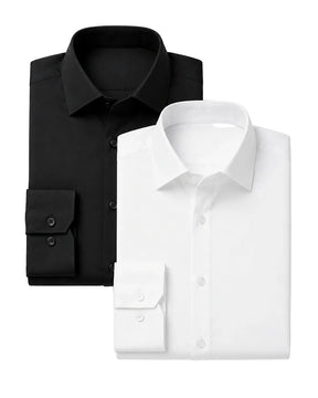 Kit com duas camisas sociais masculinas TechMatteo dobradas sobre fundo branco. A camisa preta está posicionada atrás, à esquerda, e a camisa branca aparece à frente, à direita. Ambas têm manga longa, gola estruturada, botões no mesmo tom e punhos visíveis.
