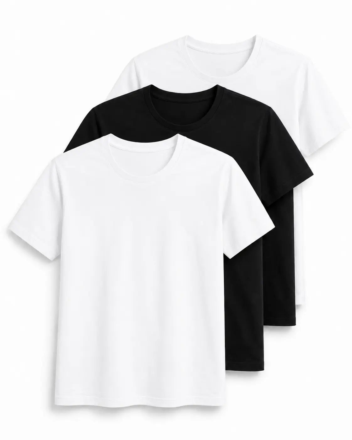 Kit NiloVitta com 2 camisetas masculinas brancas e 1 preta, de gola redonda e mangas curtas, em fundo branco.