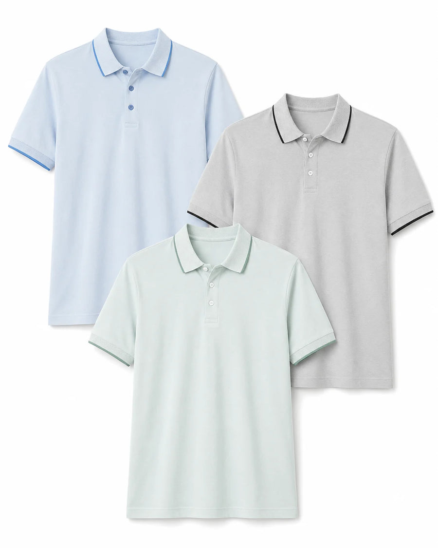 Kit com 3 polos masculinas ModalDuo nas cores azul-claro, cinza-claro e verde-claro, apresentadas juntas sobre fundo branco.