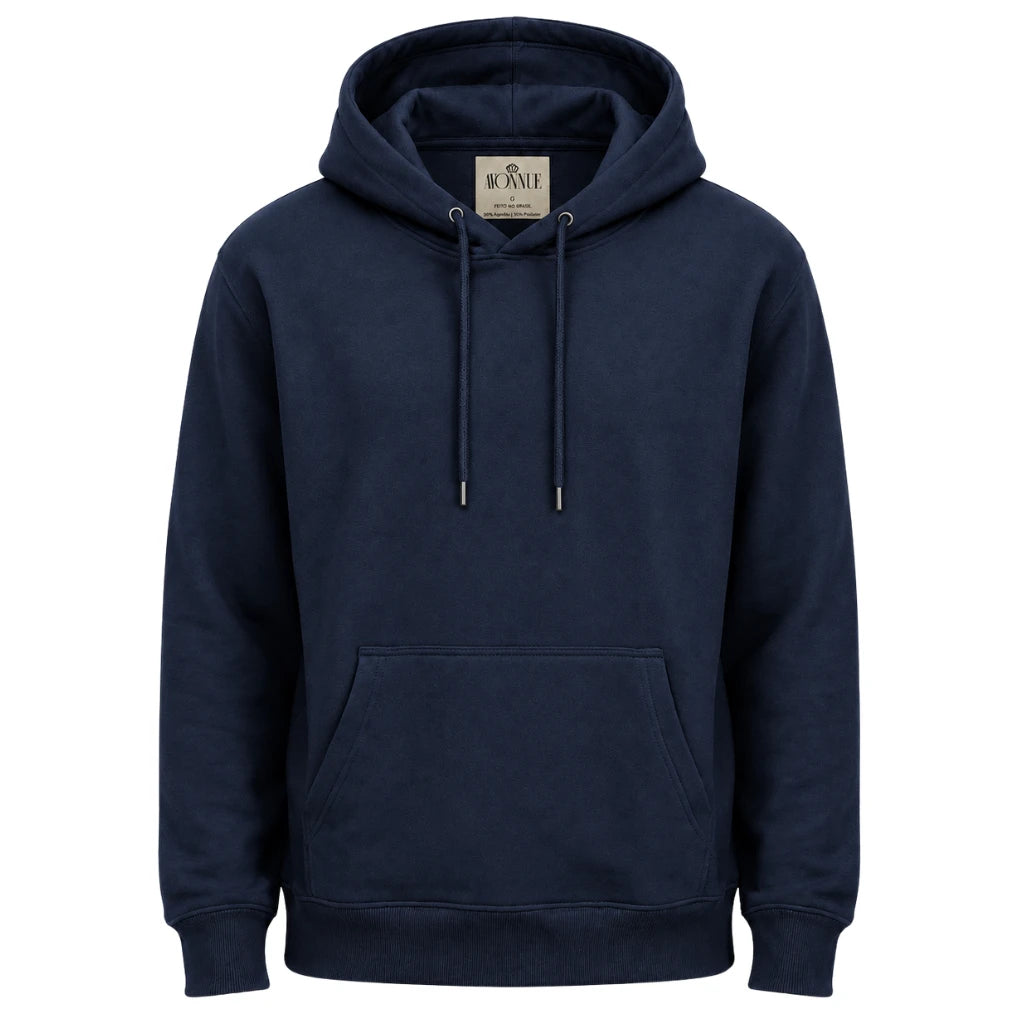 Blusa de moletom masculina azul marinho com capuz, bolso frontal e cordões em fundo branco