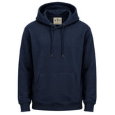Blusa de moletom masculina azul marinho com capuz, bolso frontal e cordões em fundo branco