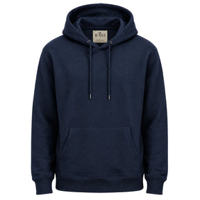 Blusa de moletom masculina azul marinho com capuz, bolso frontal e cordões em fundo branco