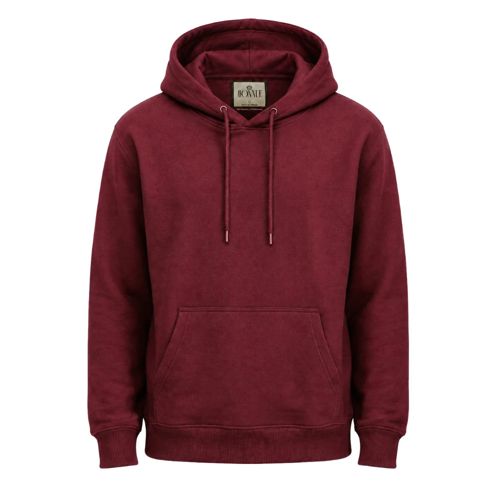 Blusa de moletom masculina bordô com capuz, bolso frontal e cordões em fundo branco