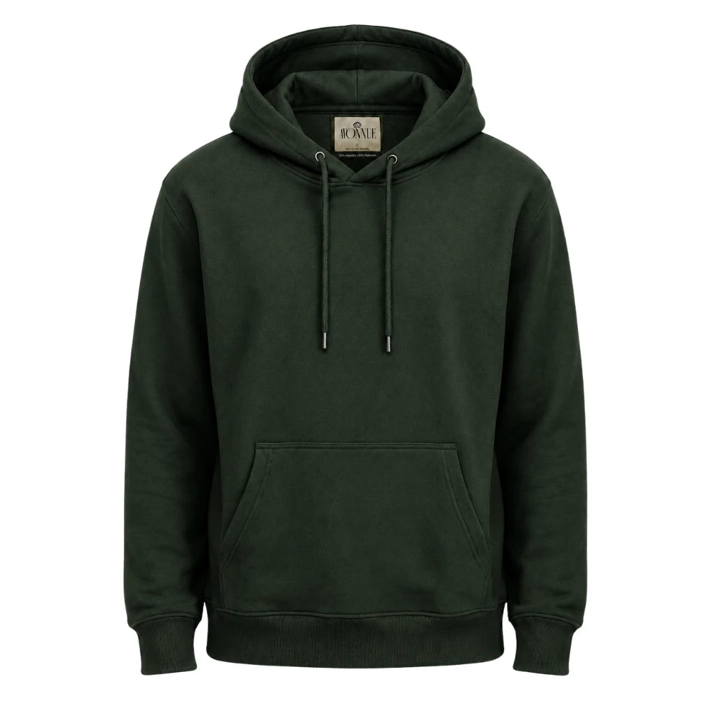 Blusa de moletom masculina verde militar com capuz, bolso frontal e cordões em fundo branco