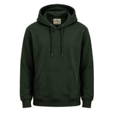 Blusa de moletom masculina verde militar com capuz, bolso frontal e cordões em fundo branco