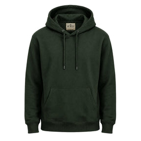 Blusa de moletom masculina verde militar com capuz, bolso frontal e cordões em fundo branco