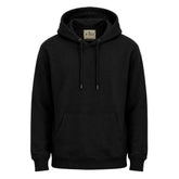 Blusa de moletom masculina preta com capuz, bolso frontal e cordões em fundo branco