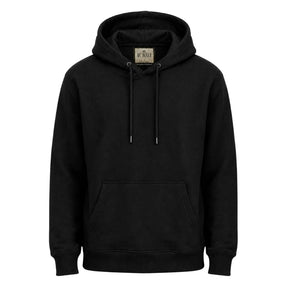 Blusa de moletom masculina preta com capuz, bolso frontal e cordões em fundo branco