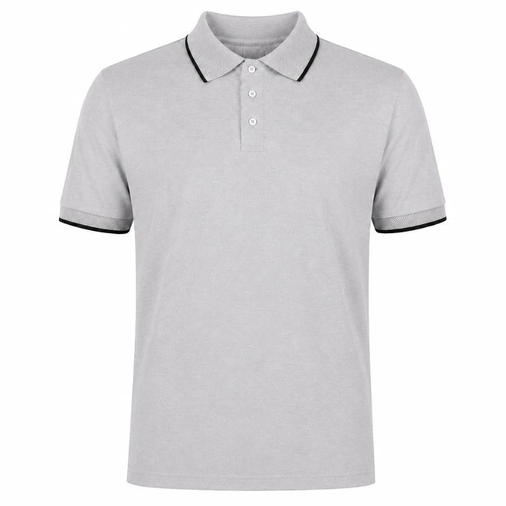 Camisa polo masculina modal bicolor cinza frente em fundo branco