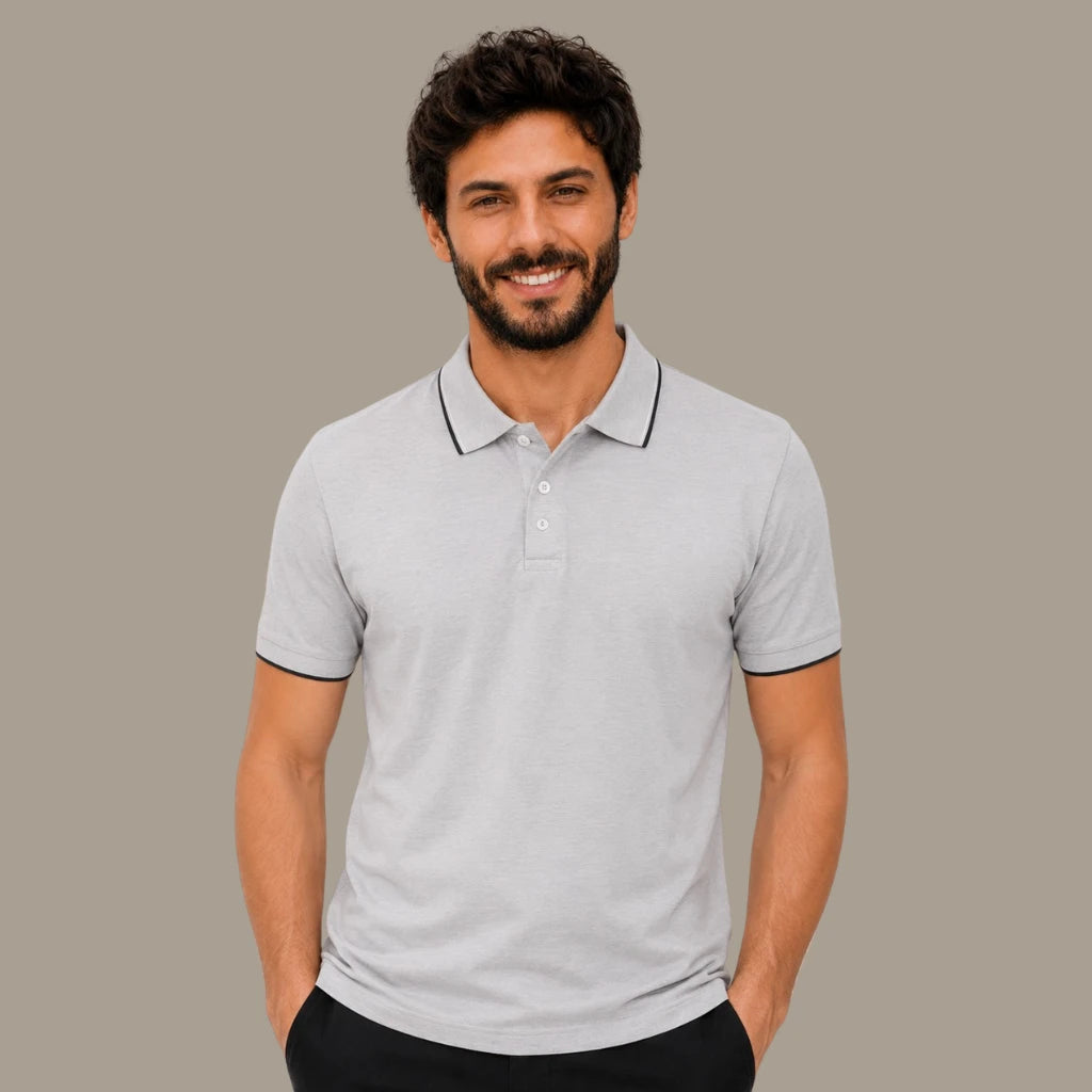 Camisa polo masculina modal bicolor cinza no corpo