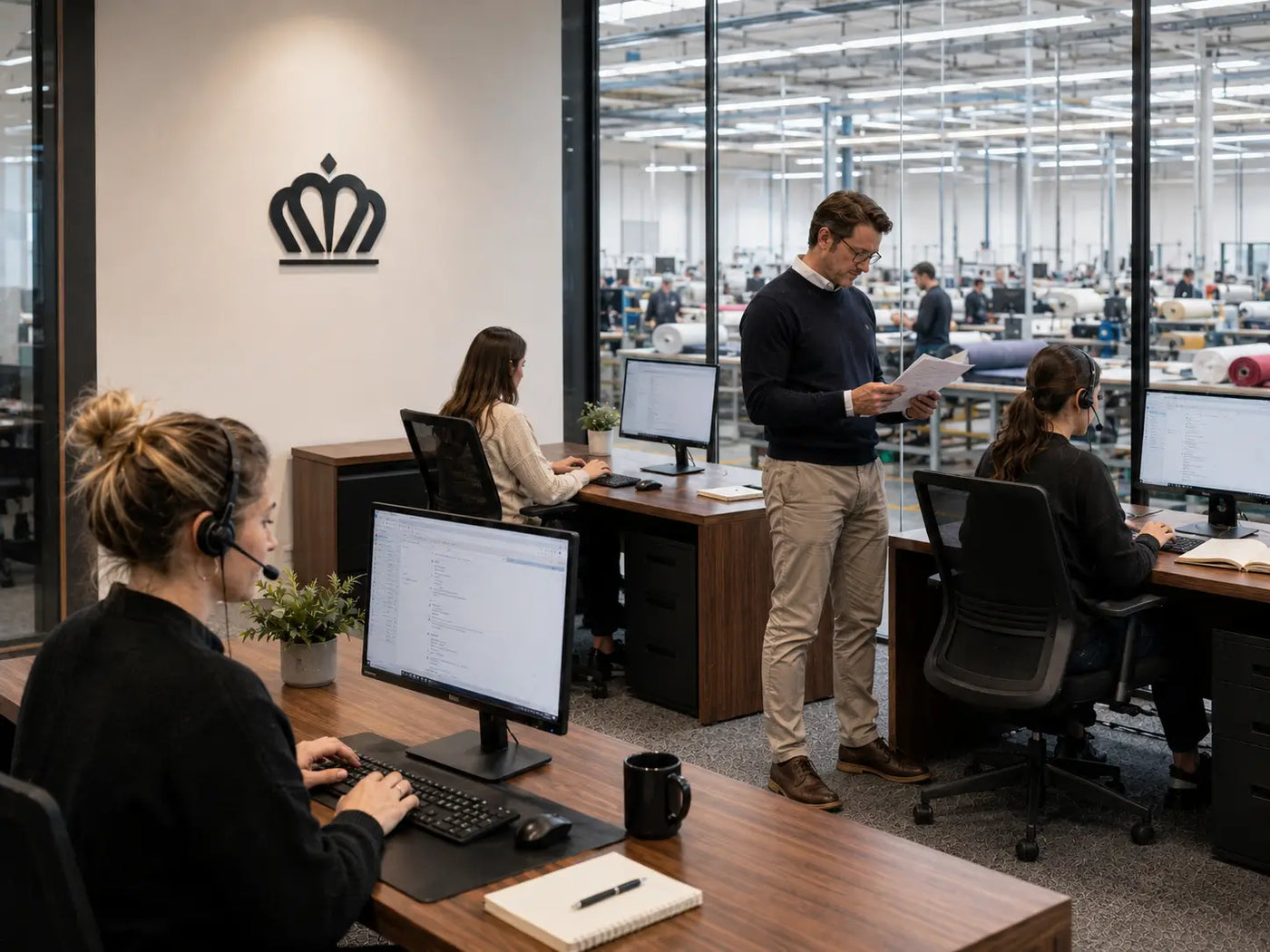 Imagem da secao Atendimento AVONNUE com ambiente de escritorio moderno, equipe trabalhando e simbolo da coroa AVONNUE na parede.