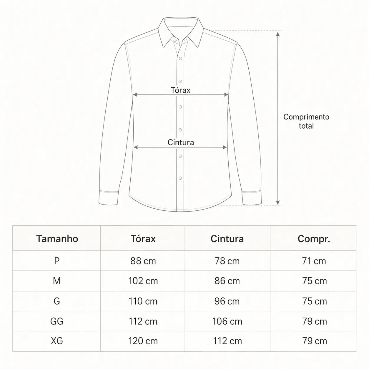 Tabela de medidas da camisa social masculina com ilustração de tórax, cintura e comprimento total.