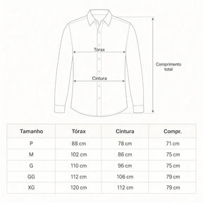 Tabela de medidas da camisa social masculina com ilustração de tórax, cintura e comprimento total.